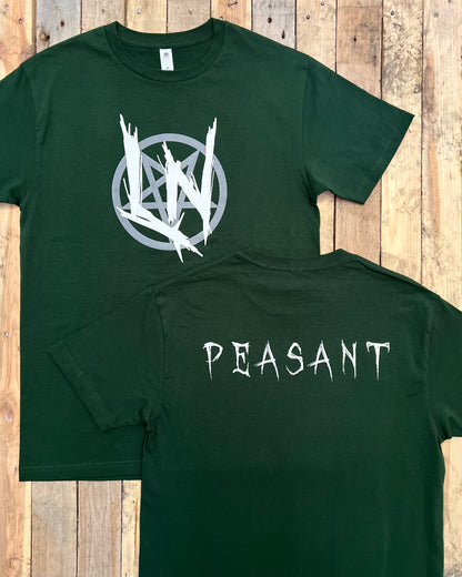 Green t-shirt with white and grey 'LN' front graphic and back 'PEASANT' text on a wooden surface